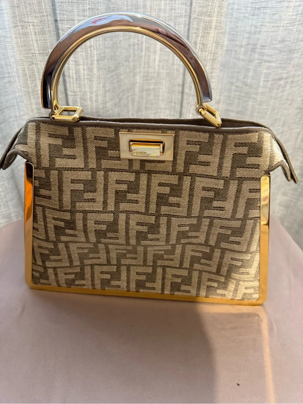 Fendi Beige/Brown FF Logo Satchel with Gold Accents